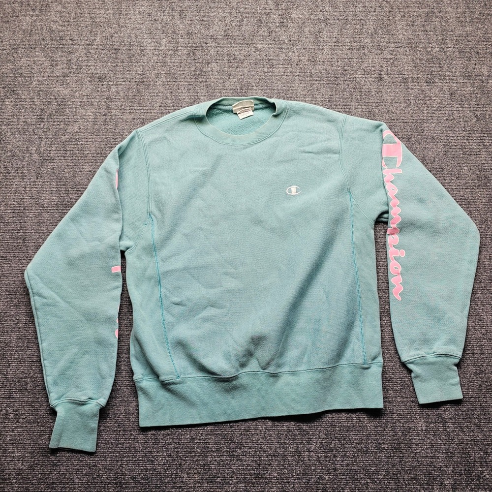 Champion Reverse Weave Sweatshirt Teal Pink Script Logo GF70 Small